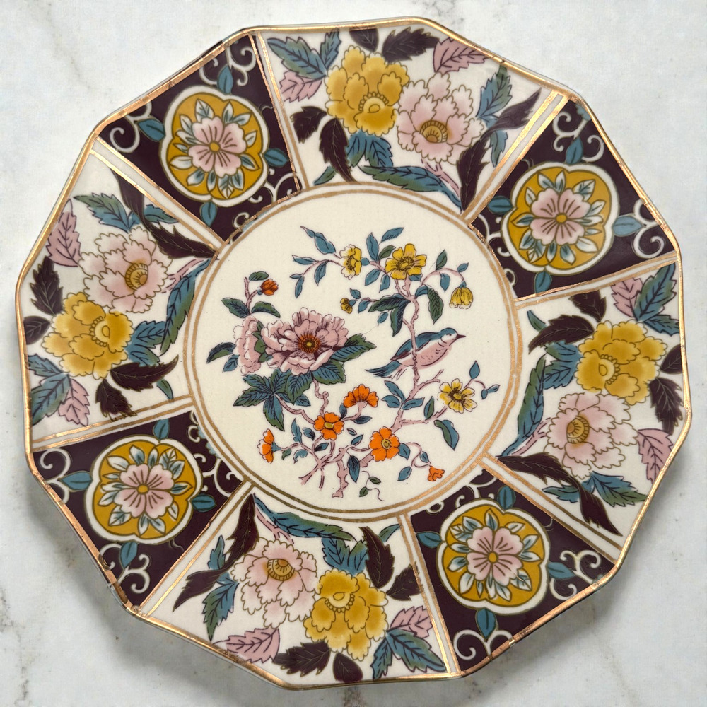 Anthropologie Bibi Dessert Plate Plum Floral Bird Gold Stoneware Salad Side 9"